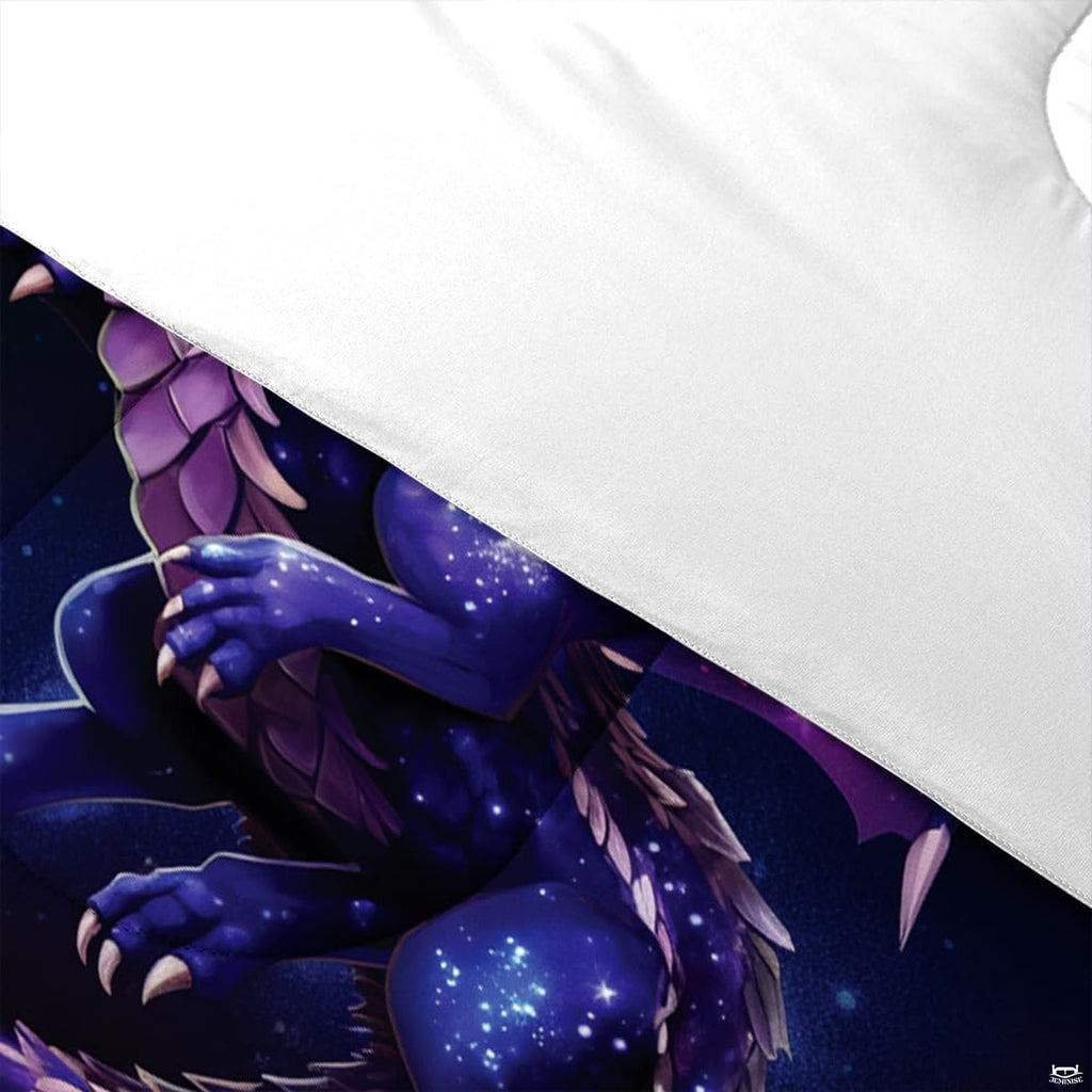 High-angle view of mythical dragon galaxy bedding showing rich amethyst, violet, and obsidian tones across bed.