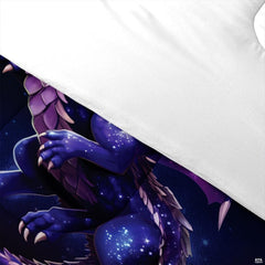High-angle view of mythical dragon galaxy bedding showing rich amethyst, violet, and obsidian tones across bed.