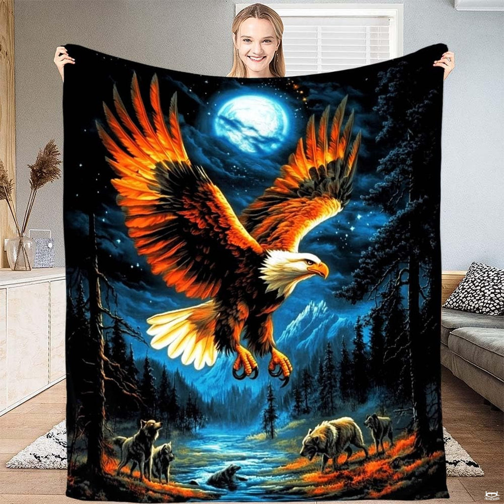 Soaring bald eagle under full moon over wolves and mountain river throw blanket