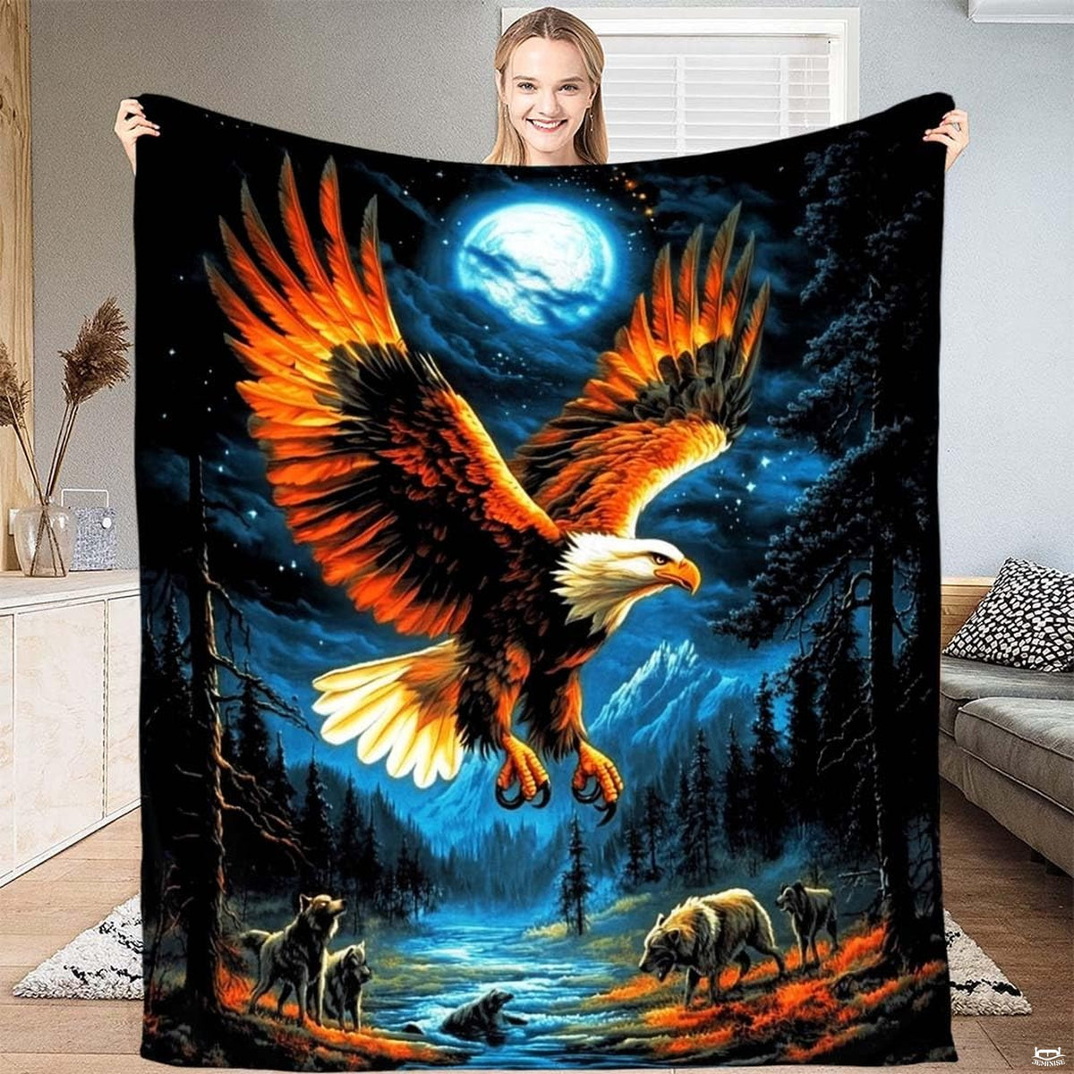 Soaring bald eagle under full moon over wolves and mountain river throw blanket