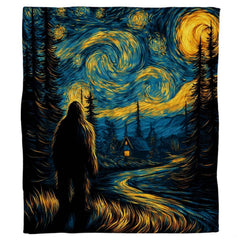 Sasquatch silhouette standing on a golden glowing path in a starry night pine forest bedroom setting.