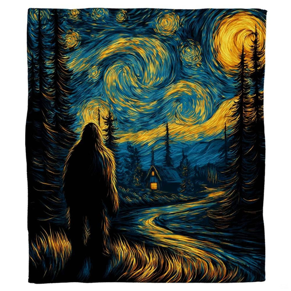 Sasquatch silhouette standing on a golden glowing path in a starry night pine forest bedroom setting.