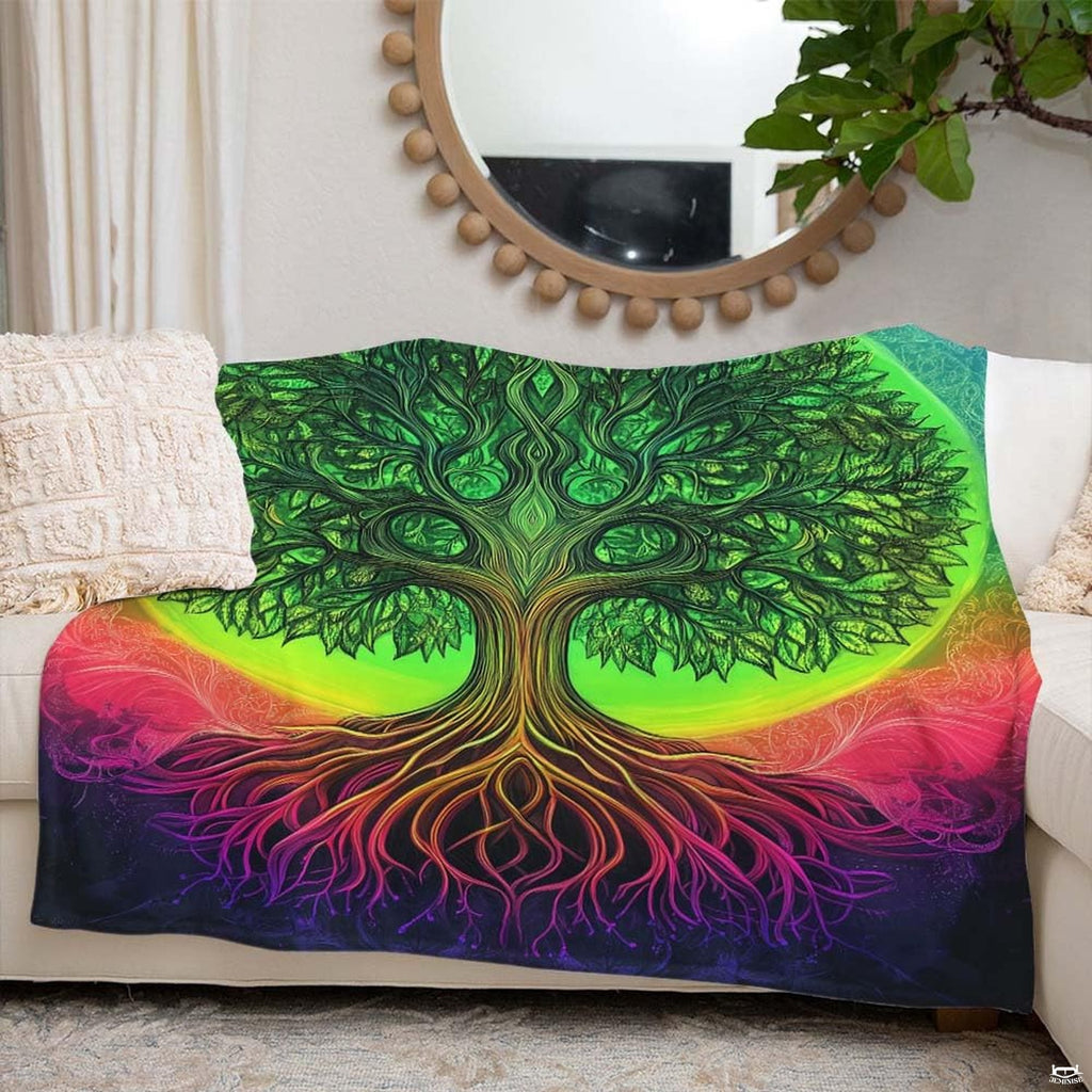 Detailed view of luminous lime halo and stained glass leaf contours on Tree of Life throw blanket