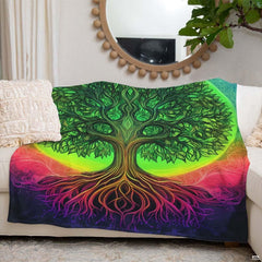 Detailed view of luminous lime halo and stained glass leaf contours on Tree of Life throw blanket