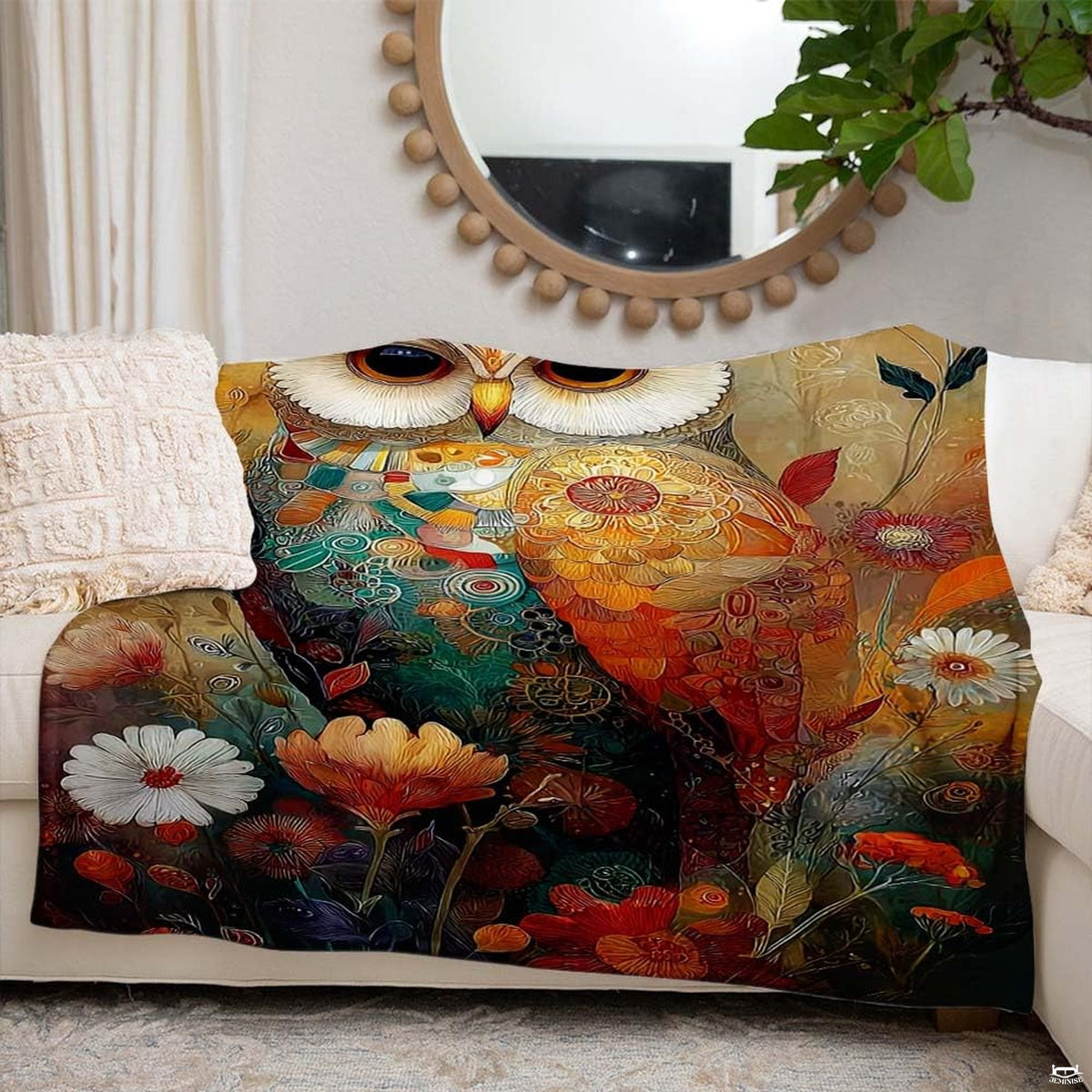 Side angle perspective displaying vibrant amber, turquoise, and coral hues of the owl blanket