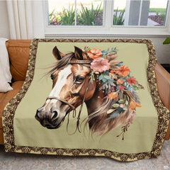 Folded corner presentation of floral horse portrait throw blanket showing lace edge