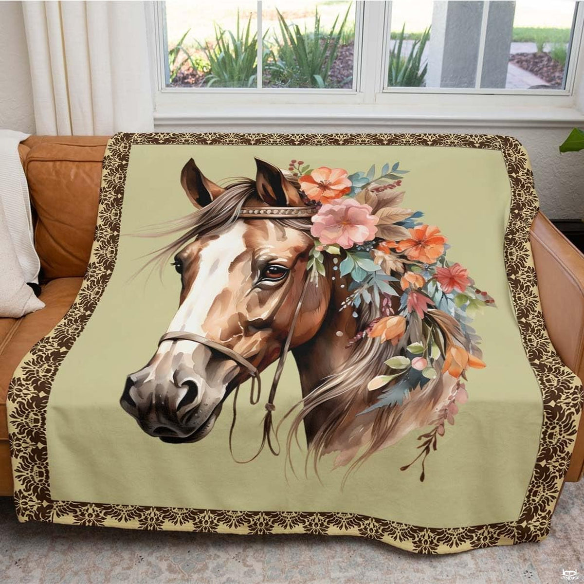 Folded corner presentation of floral horse portrait throw blanket showing lace edge