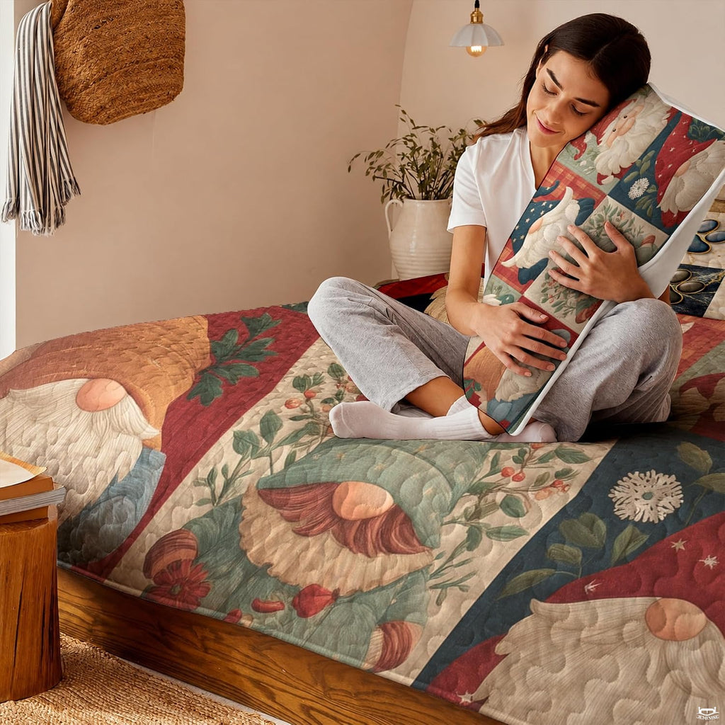 Vintage style Christmas gnome bedding set display highlighting whimsical folklore characters and winter greenery.