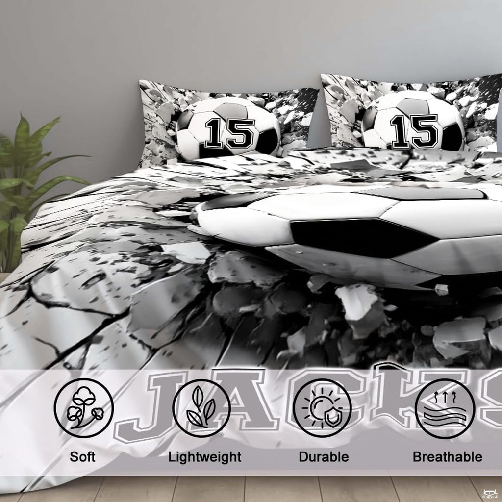 Corner perspective of soccer bedding highlighting crisp white and deep black high-contrast graphic printing