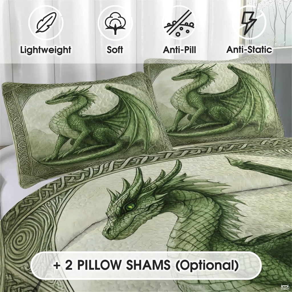 Side view of Celtic dragon bedding set creating a legendary folklore aesthetic in a bedroom
