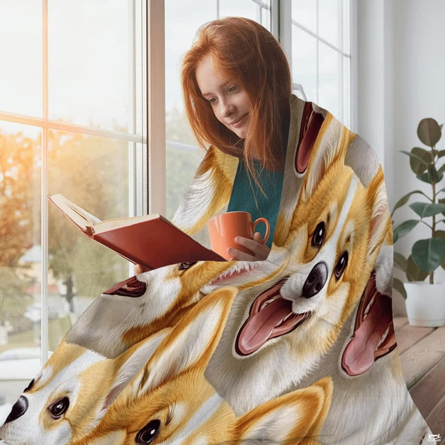 Cheerful collage pattern of smiling Welsh corgi dog faces with pink tongues, view 2.