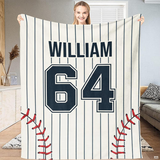 Ballpark jersey artwork on off-white backdrop with vertical navy pinstripes and red seam accents.