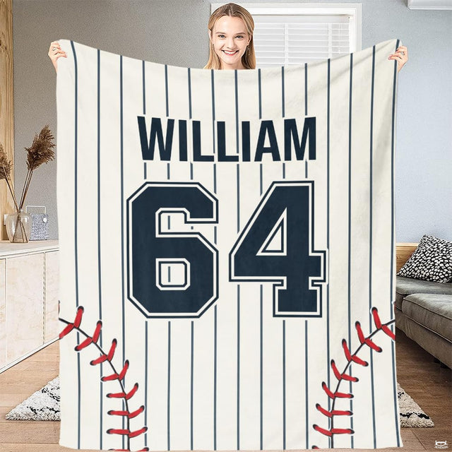 Ballpark jersey artwork on off-white backdrop with vertical navy pinstripes and red seam accents.