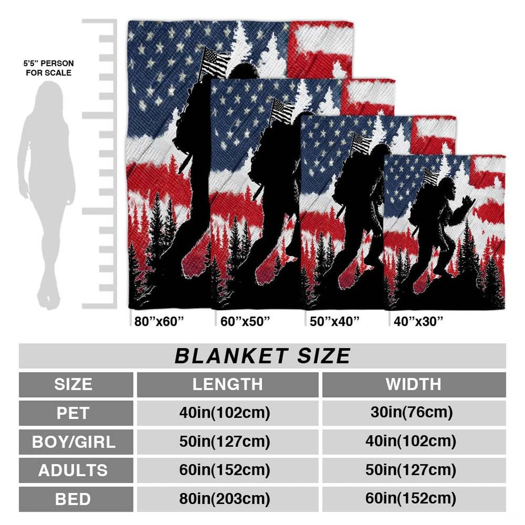 Patriotic Bigfoot throw blanket view 4 highlighting hiking Sasquatch silhouette and American flag pine trees