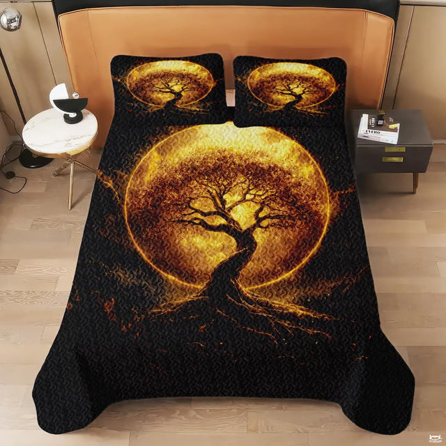 Close-up perspective of celestial bedding detailing textured golden lunar surface, silhouetted boughs, and ember glow