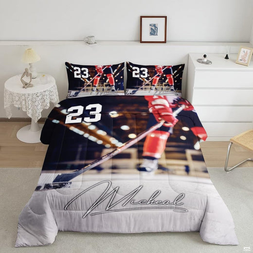 Rust mahogany ice hockey goalie player sports bedding set displayed neatly on a bed in a modern youth bedroom