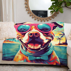 Colorful pop art pitbull wearing pink sunglasses and turquoise bow tie against tropical beach sunset, view 5.
