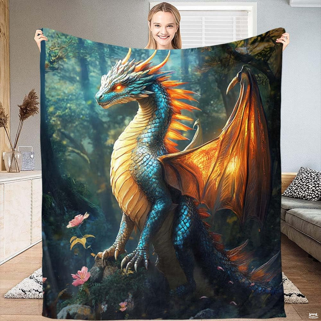 Mythical teal dragon with luminous amber scales perched on mossy rocks in a digital bed set illustration.