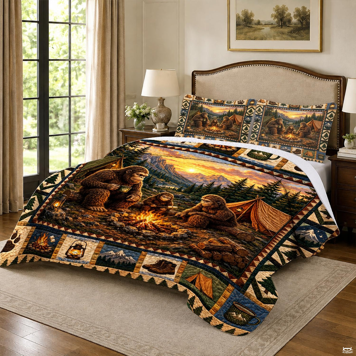Close-up of the glowing stone fire pit, lanterns, and mountain valley on an outdoor camping bedding set