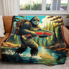 Bigfoot Sasquatch in fishing waders holding a rainbow trout in a mountain river, view 5.