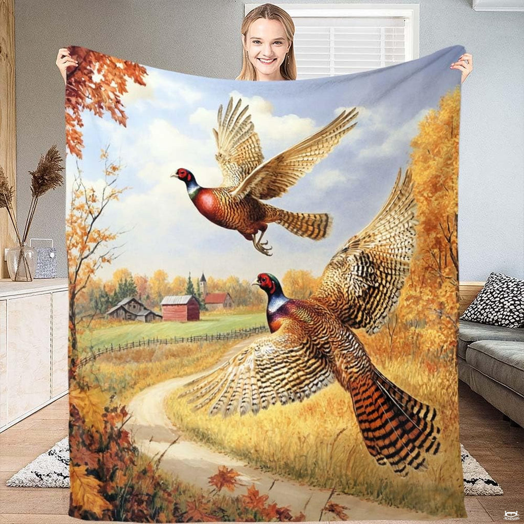Scenic oil painting of two flying ringneck pheasants over autumn country lane and distant farm, view 1.