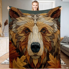 Wood bedding set featuring a carved bear portrait with golden autumn maple leaves on slate.