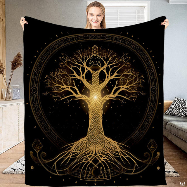 Braided Celtic Tree of Life throw blanket displaying woven knotwork trunk and glowing golden core