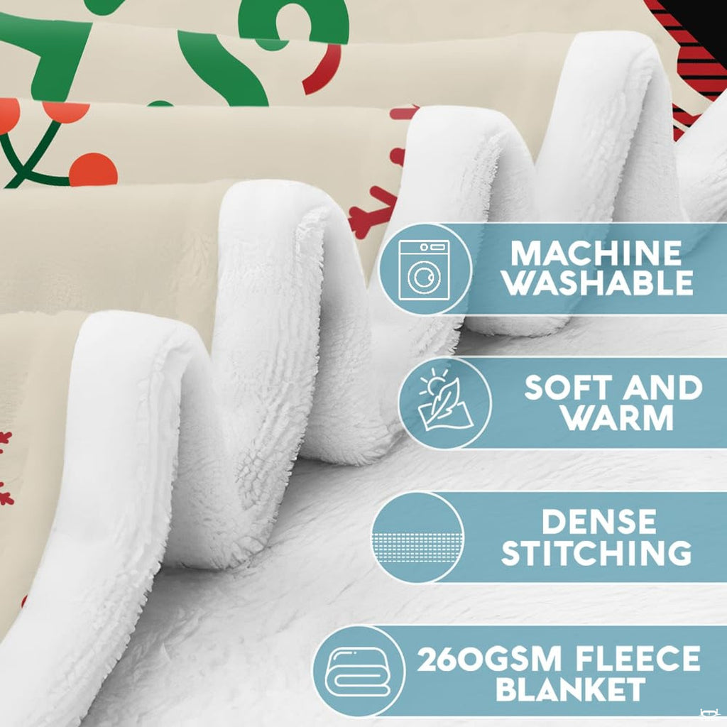 Material specifications and care icons detailing properties of the holiday throw blanket.