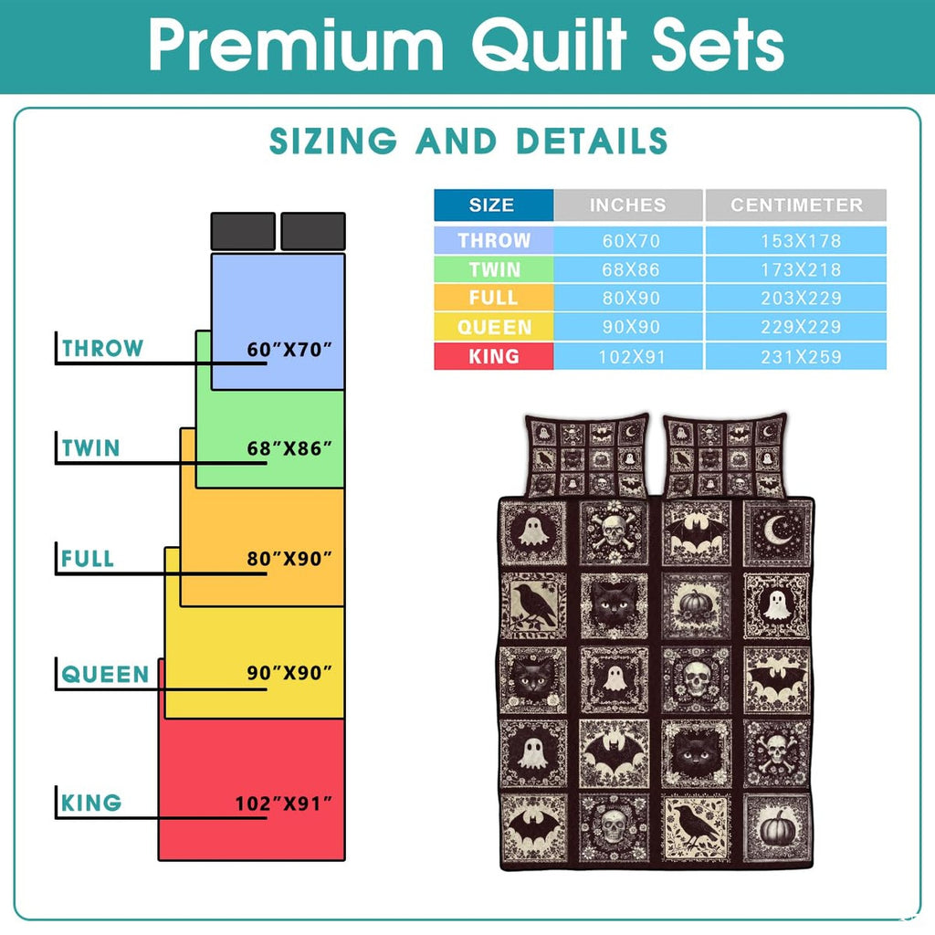 Espresso and off-white gothic halloween bedding visual artwork highlighting sheet ghost and skull decorative squares.