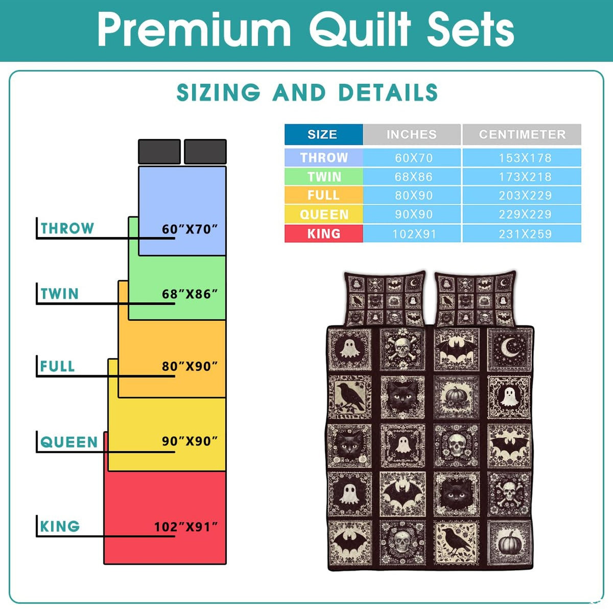 Espresso and off-white gothic halloween bedding visual artwork highlighting sheet ghost and skull decorative squares.