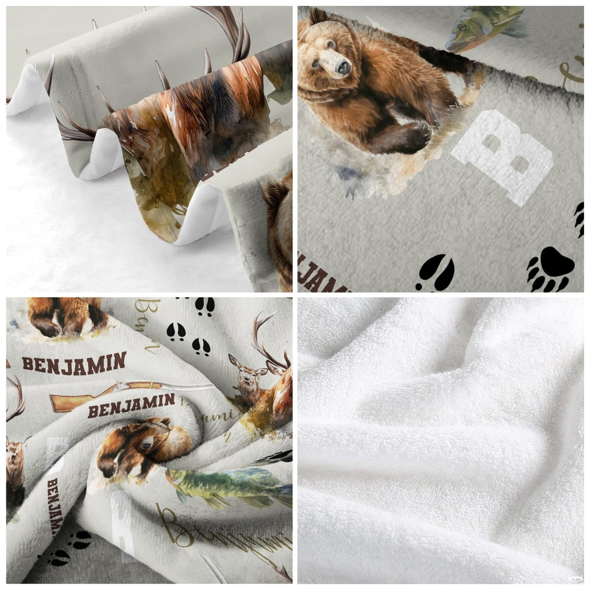Close-up of the painted grizzly bear artwork and earthy color scheme on this wildlife bed spread style.