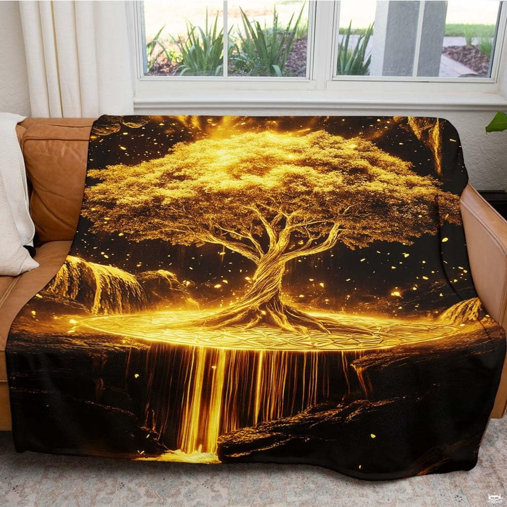 Spiritual golden Tree of Life throw blanket folded neatly on bedroom bench