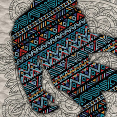 Close-up perspective of Bigfoot bedding detailing geometric mandala lines, seafoam blue tones, and silhouette