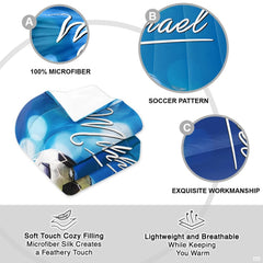 Overhead view of blue bokeh soccer bedding spread across a contemporary youth bedroom bed