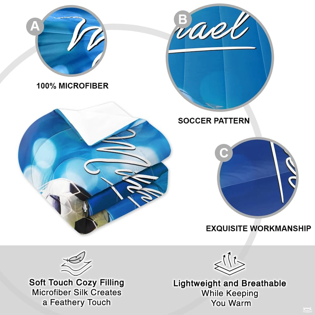 Overhead view of blue bokeh soccer bedding spread across a contemporary youth bedroom bed
