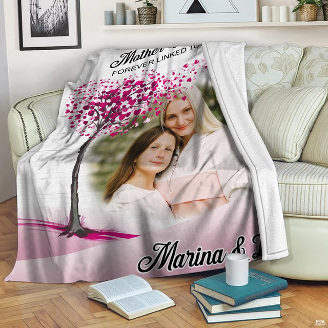 Mother daughter keepsake illustration with a pink blossoming heart tree on white wood planks, view 2.