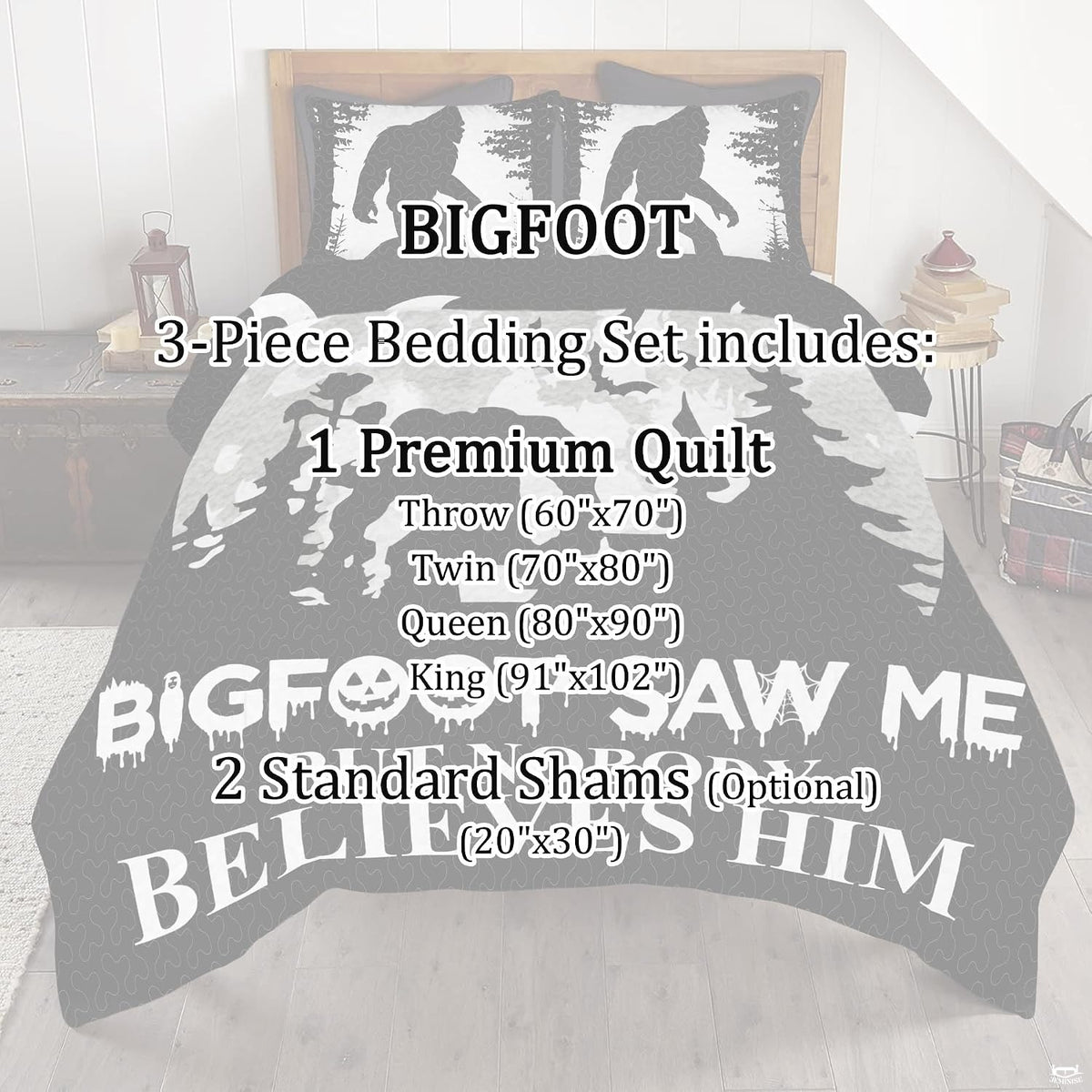 Full bedroom display of witty Sasquatch bedding styled with playful cabin and lodge room decor