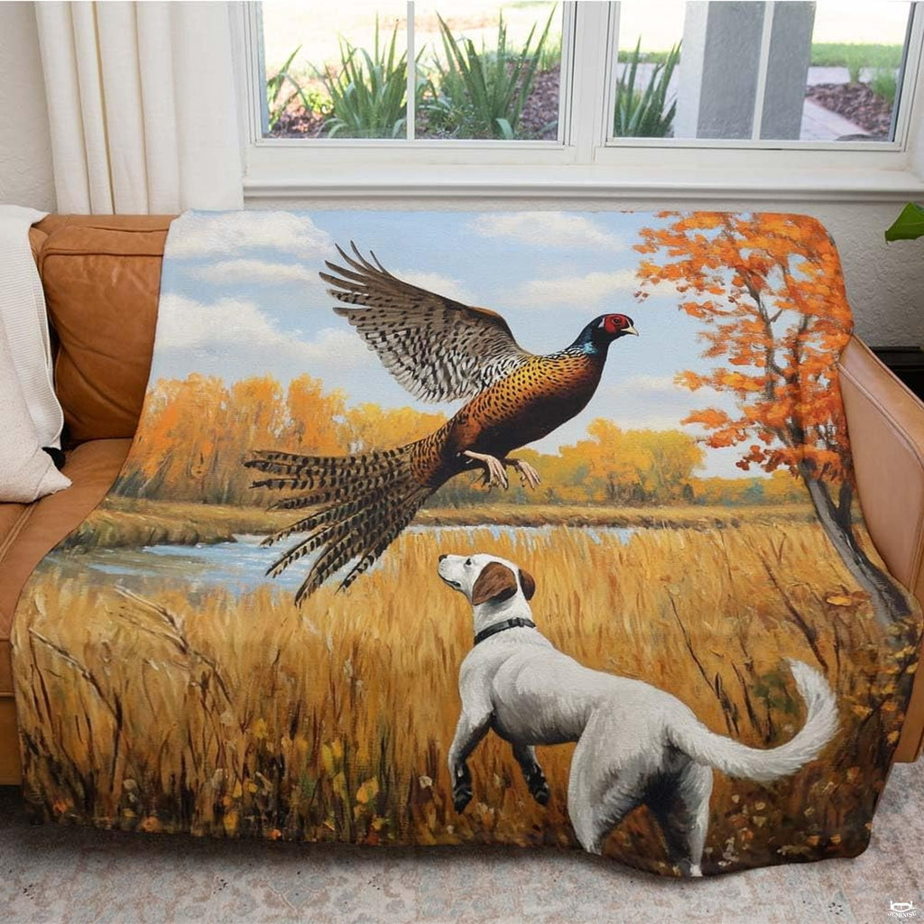 Scenic oil painting of flying ringneck pheasant and attentive white pointer dog in autumn field, view 2.