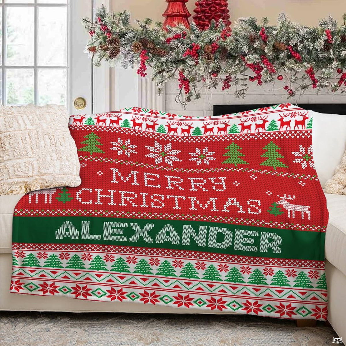 Festive holiday sweater graphic blanket spread flat on floor area