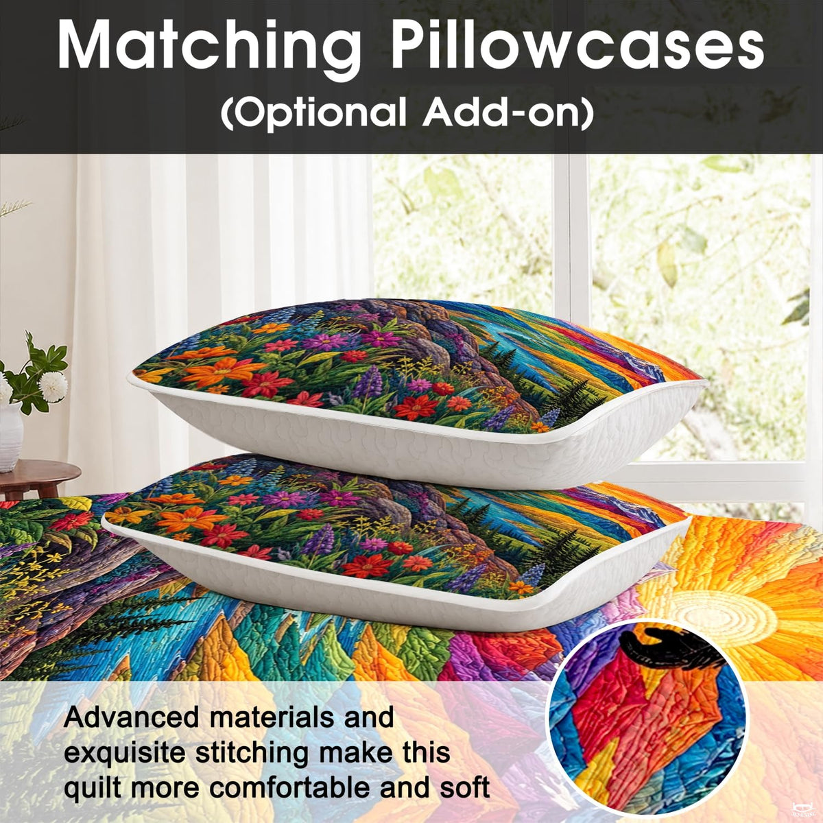 Detailed view of the blooming purple lupines and alpine flora on a nature-inspired bedding set