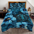 Ocean cyan sea turtle Polynesian tribal bedding set displayed neatly on a bed in a coastal bedroom