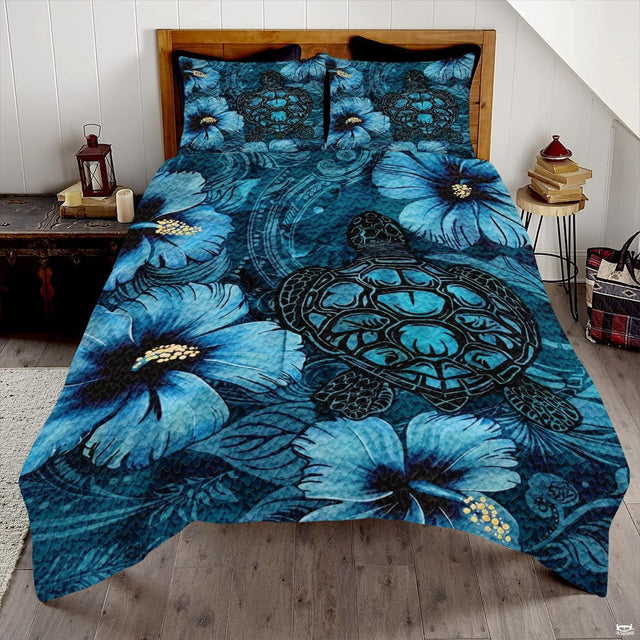 Ocean cyan sea turtle Polynesian tribal bedding set displayed neatly on a bed in a coastal bedroom