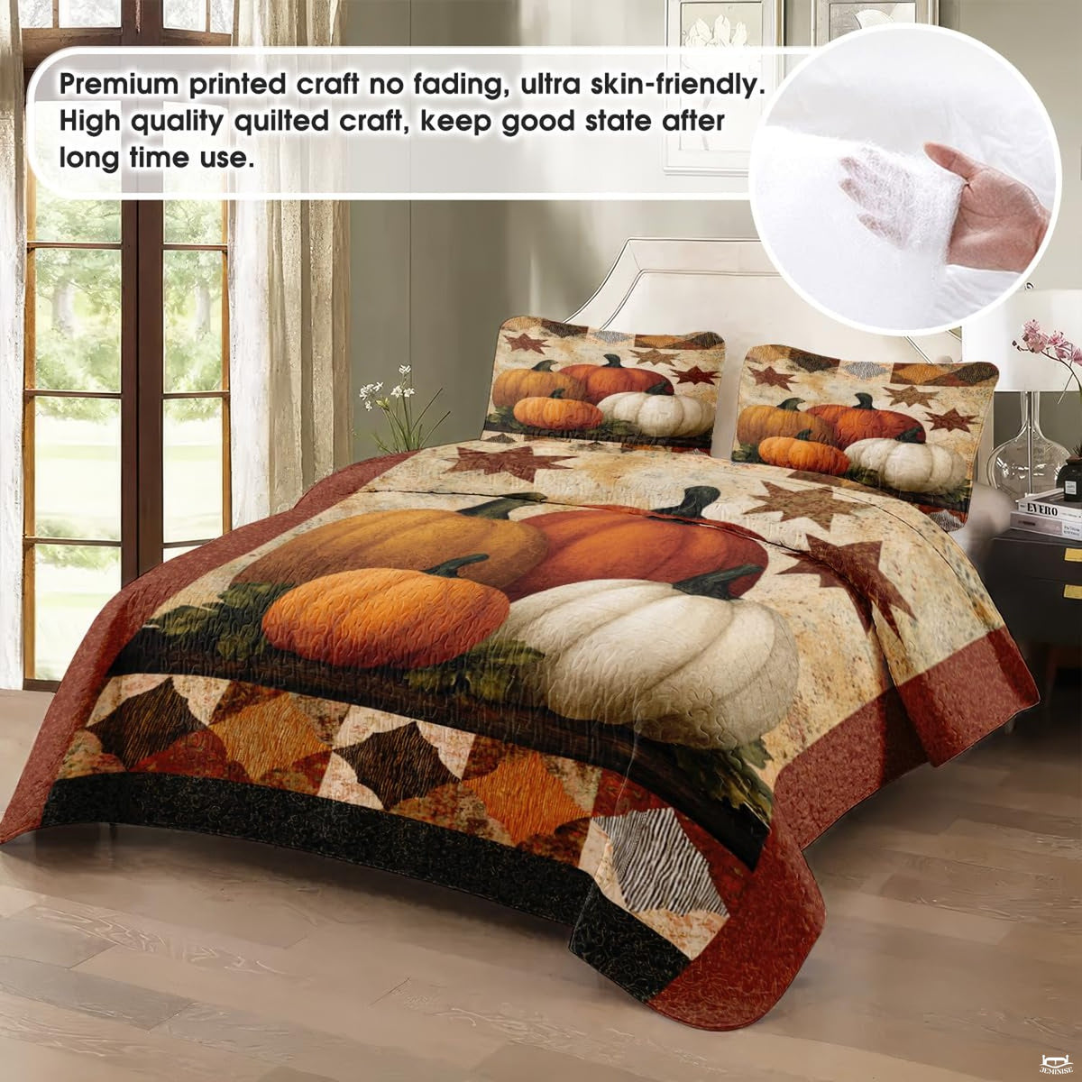 Top-down view of pumpkin bedding set highlighting detailed harvest pumpkin illustrations and marigold patchwork borders.