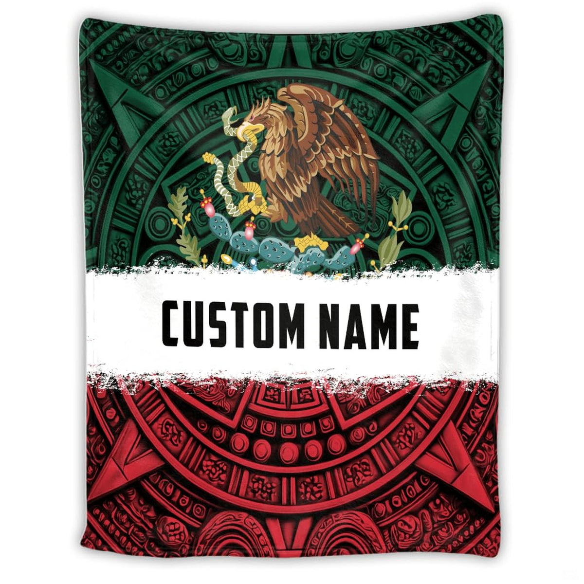 Backside view of Mexican flag throw blanket showing neat edge finish and borders