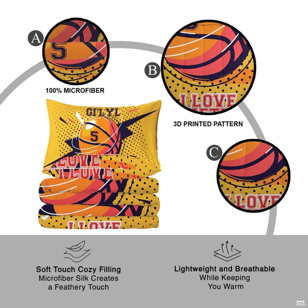 Overhead view of yellow basketball sports bedding arranged neatly across a cheerful youth bedroom mattress