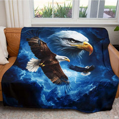 Detail view of electric lightning bolts and midnight clouds on eagle themed bedding.