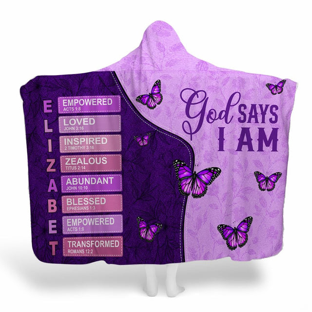 God says I am butterfly hooded blanket displayed from behind