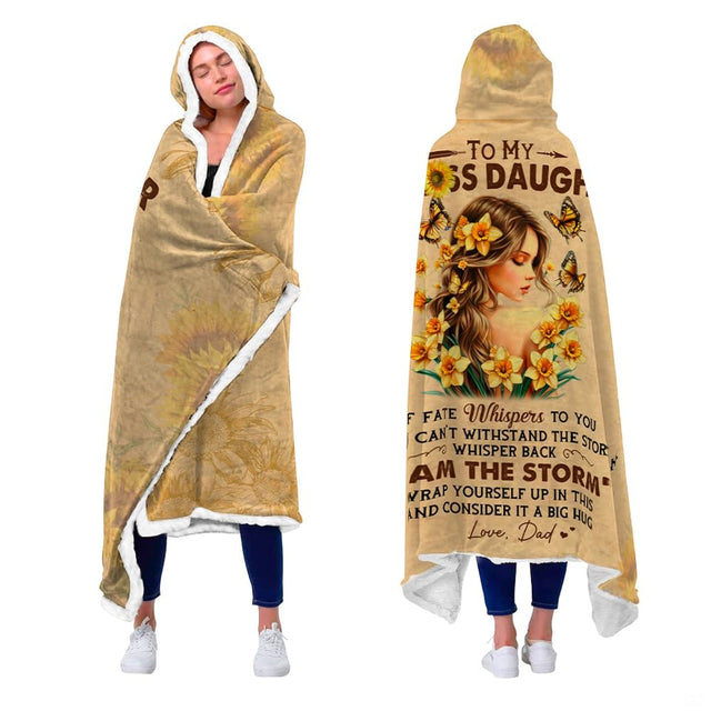 Daughter botanical artwork blanket worn as hooded wrap