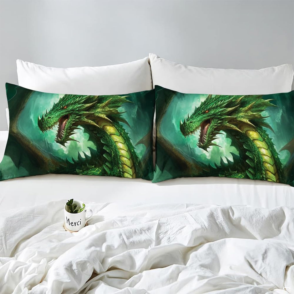 Close-up detail of dragon fantasy bedding highlighting vibrant seafoam wings and deep cosmic forest contrast.