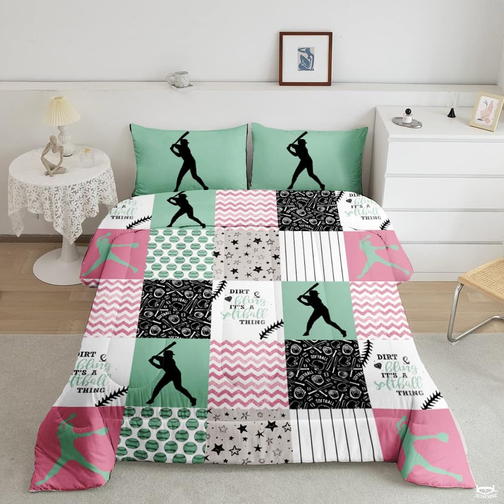 Softball Lover Teal Yellow Bedding – Stylish Sports Theme Comforter for Girls, Women & Teens, Perfect Softball Bedroom Decor in Twin/Queen/King